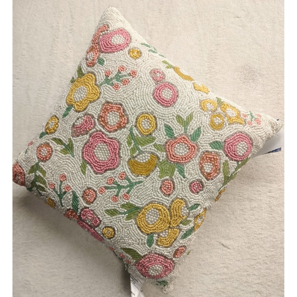 World Traveler pillow made in India beaded floral square accent garden NEW